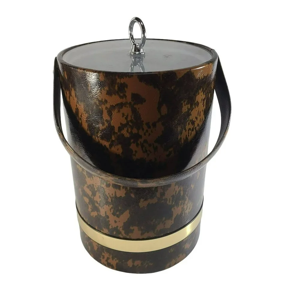 Vintage Mid Century Modern Ice Bucket Gold Brown Marbled Silver Handle